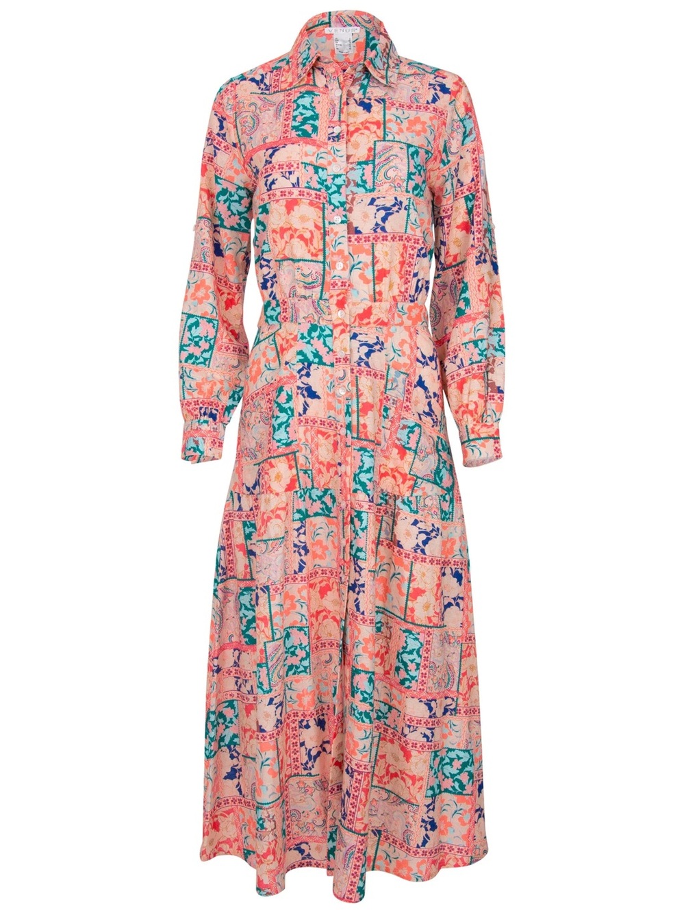 VENUS Linen Pink Patchwork Print Long-Sleeve Maxi Shirt Dress - Picture 4 of 17